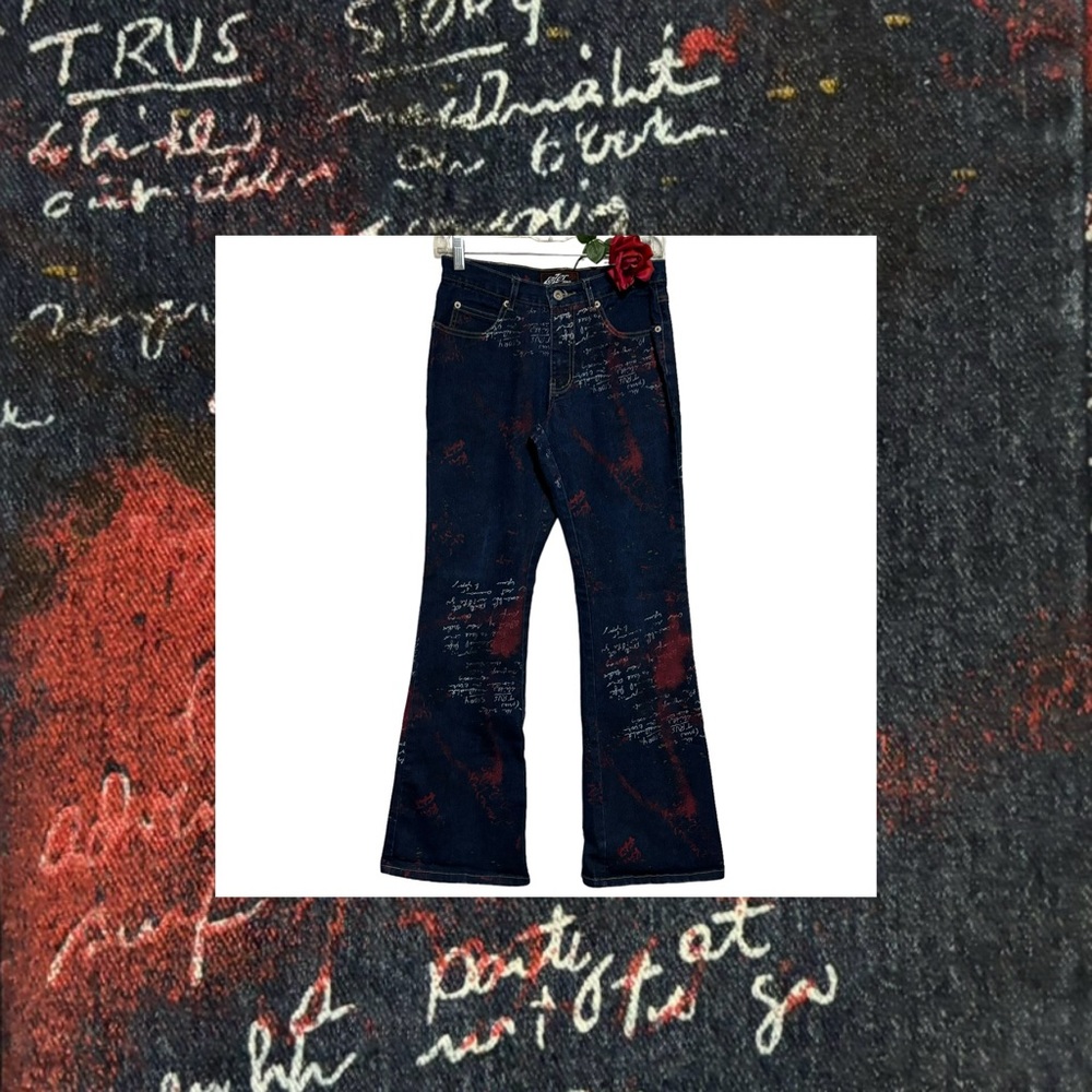 Y2K VTG Lazer Jeans Tie dyed AOP Darkwash Flared bell Artsy bottom jeans Win…